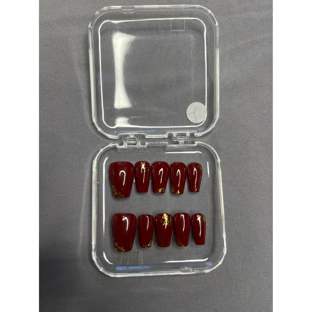 Press On Nails Red Coffin Gold Flakes Manicure Fake Nails Full Cover Nail Tips